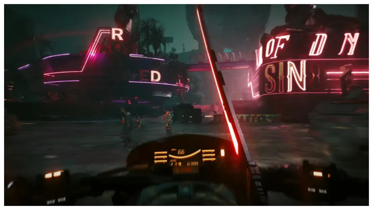 Cyberpunk-2077-Best-Builds Character riding a bike with a katana